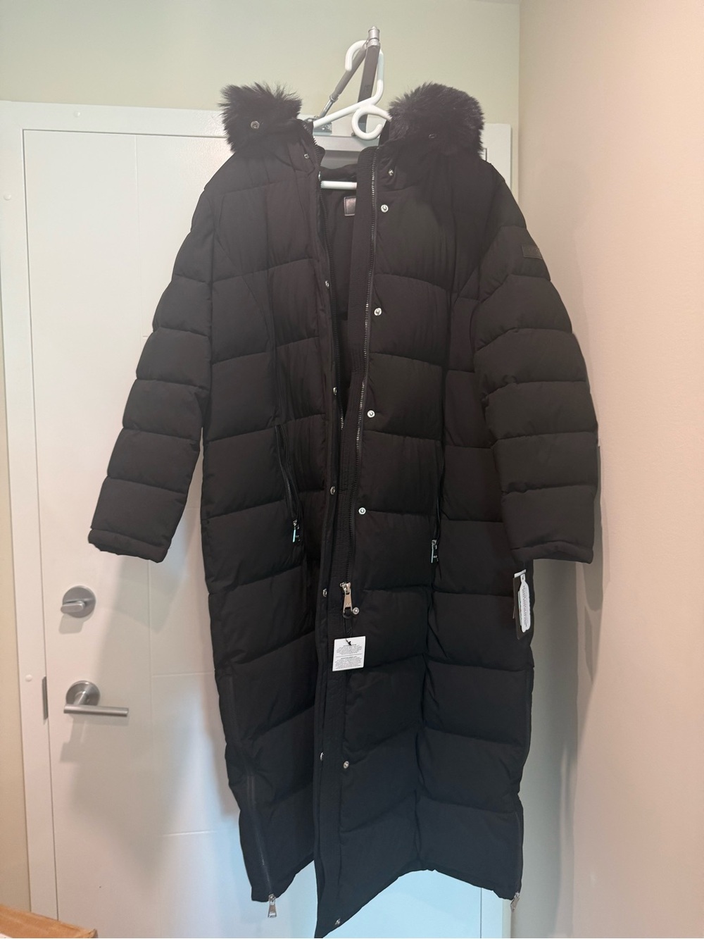 DKNY Long Black Women's Puffer Coat with Fur-Trim Hood